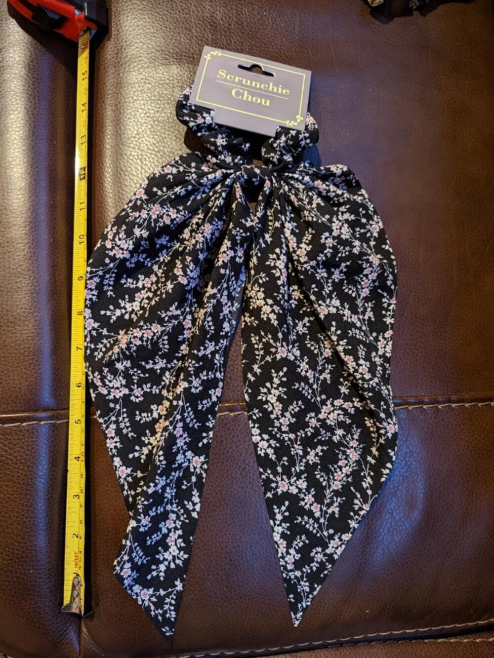 Beautiful Black with pink Floral Ponytail Scarf Hair Accessories"Scrunchie Chou"